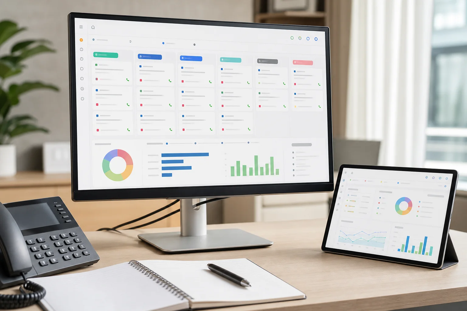Рабочее пространство с интерфейсом CRM, телефонией и аналитикой без людей